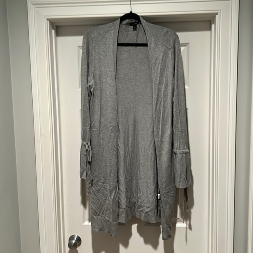 Halogen size large gray long cardigan with tie bell sleeve